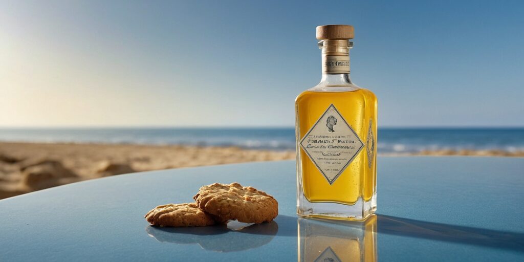 Un flacon d'e-liquide Orgeat Pastis sur fond de plage provençale avec un verre de pastis et des biscuits à l'amande.